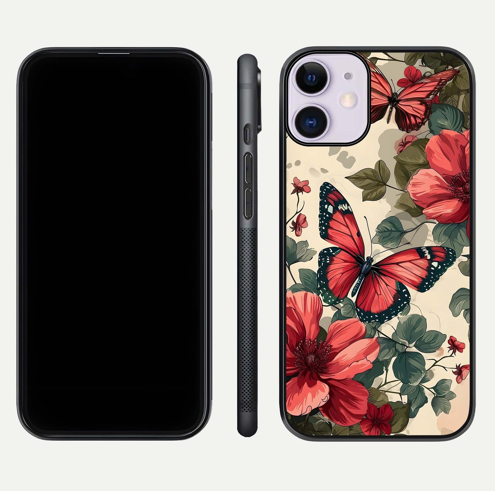 Crimson Butterfly Garden Glass Case for iPhone 11 dual-view layout displaying floral patterns and edge finish