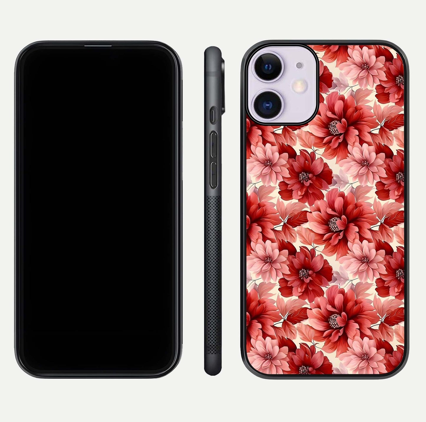Crimson Love Petals Glass Case for iPhone 11 dual-view layout displaying floral charm and curved glass