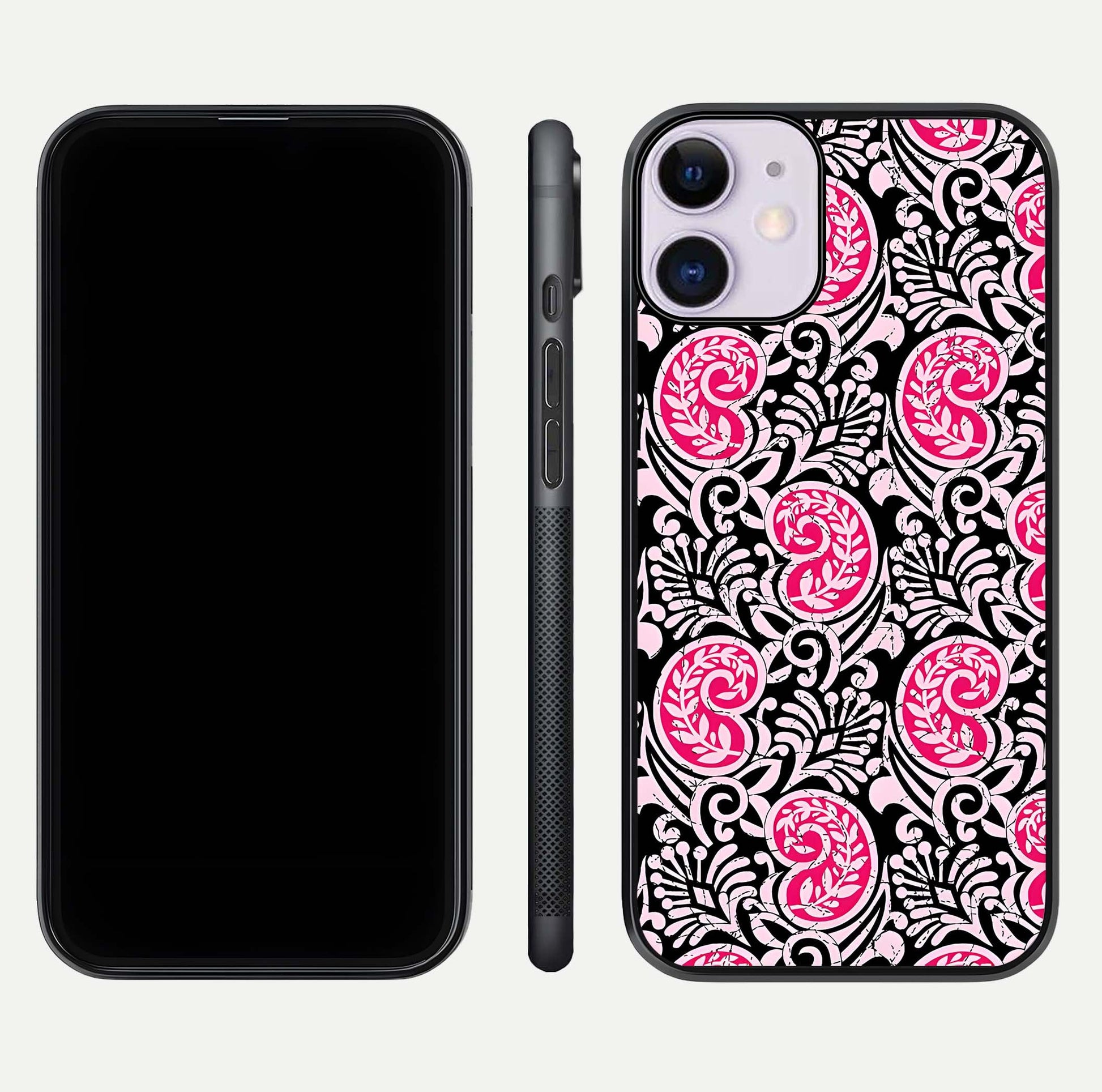Crimson Paisley Charm Glass Case for iPhone 11 dual-view layout displaying HD print and curved polish
