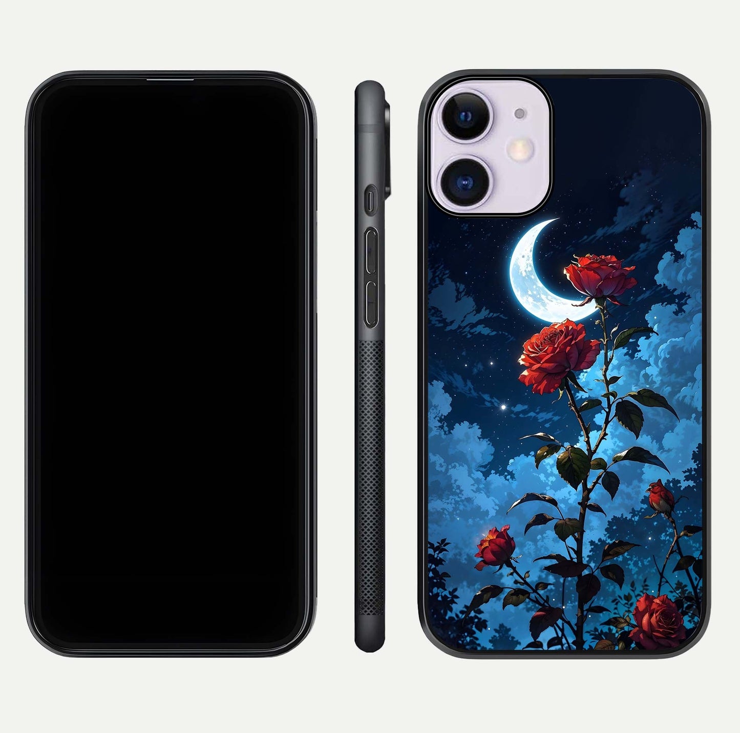 Crimson Rose Moon Glass Case for iPhone 11 dual-view layout displaying red tones and soft gloss