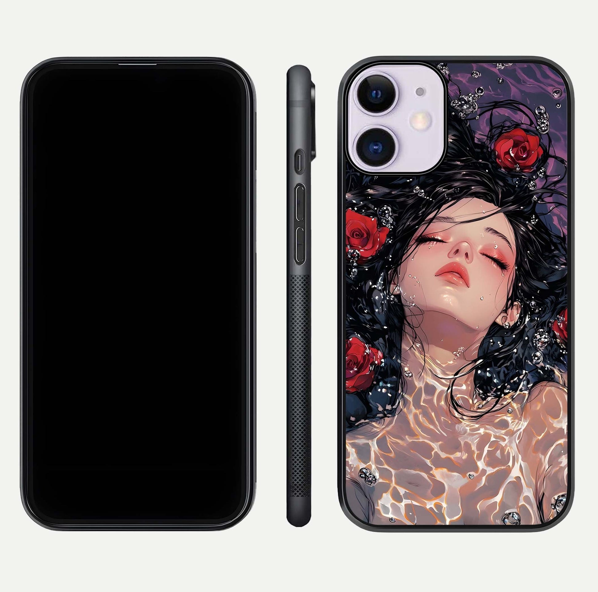 Crimson Rose Serenity Glass Case for iPhone 11 dual-view layout displaying serenity tones and curved glass