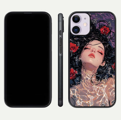 Crimson Rose Serenity Glass Case for iPhone 11 dual-view layout displaying serenity tones and curved glass