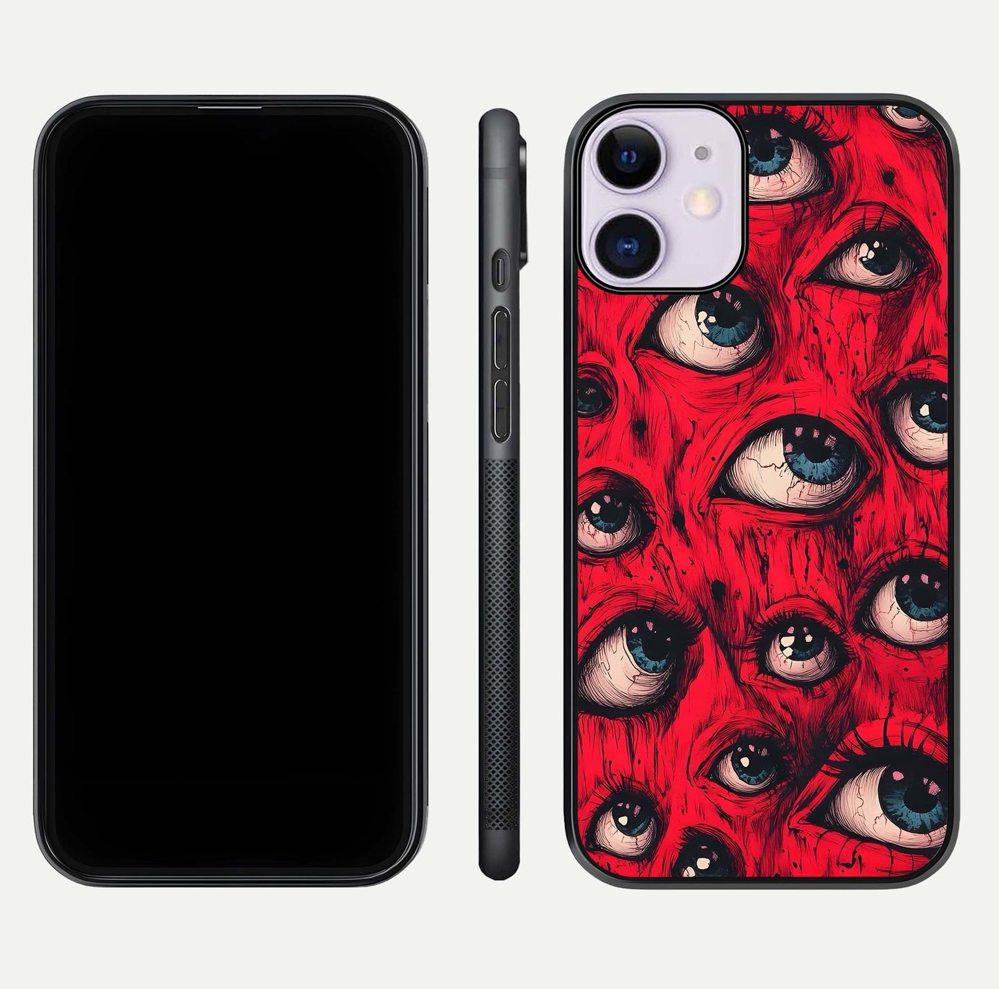 Crimson Watch Eyes Glass Case for iPhone 11 dual-view layout displaying abstract tones and curved edges