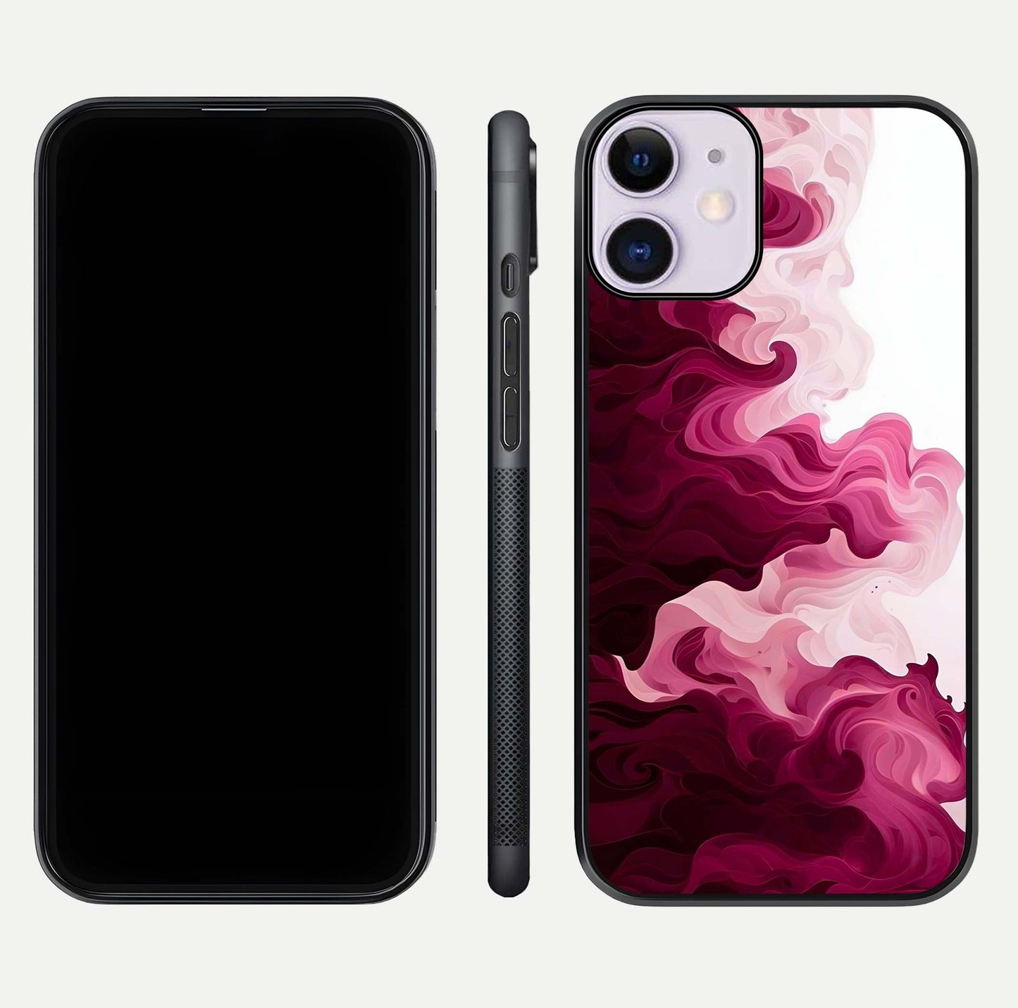 Crimson Wave Flow Glass Case for iPhone 11 dual-view layout displaying curved wave art and polished surface