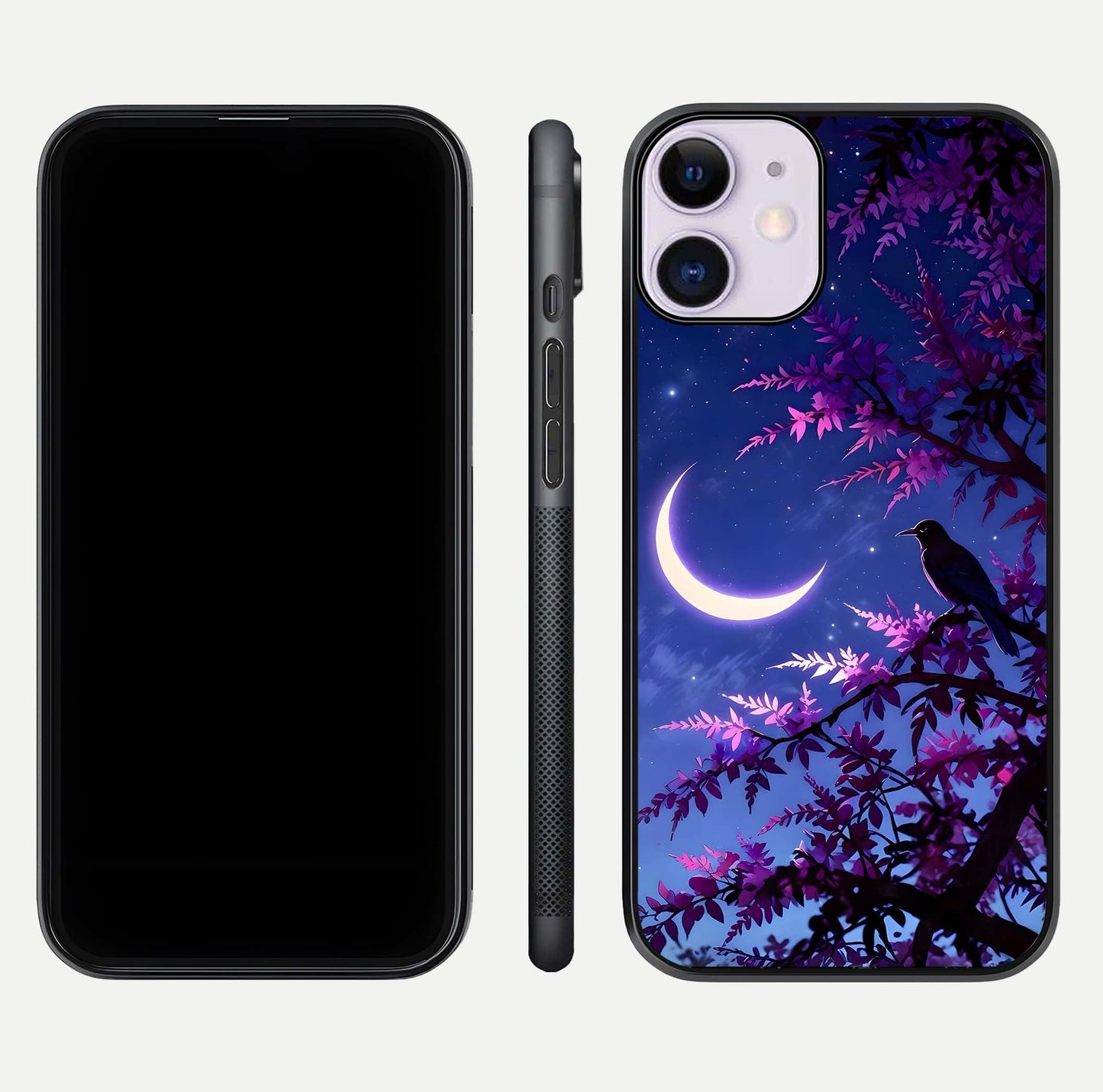 Crow & Moon Scenery Glass Case for iPhone 11 dual-view layout displaying night sky art and curved glass edges