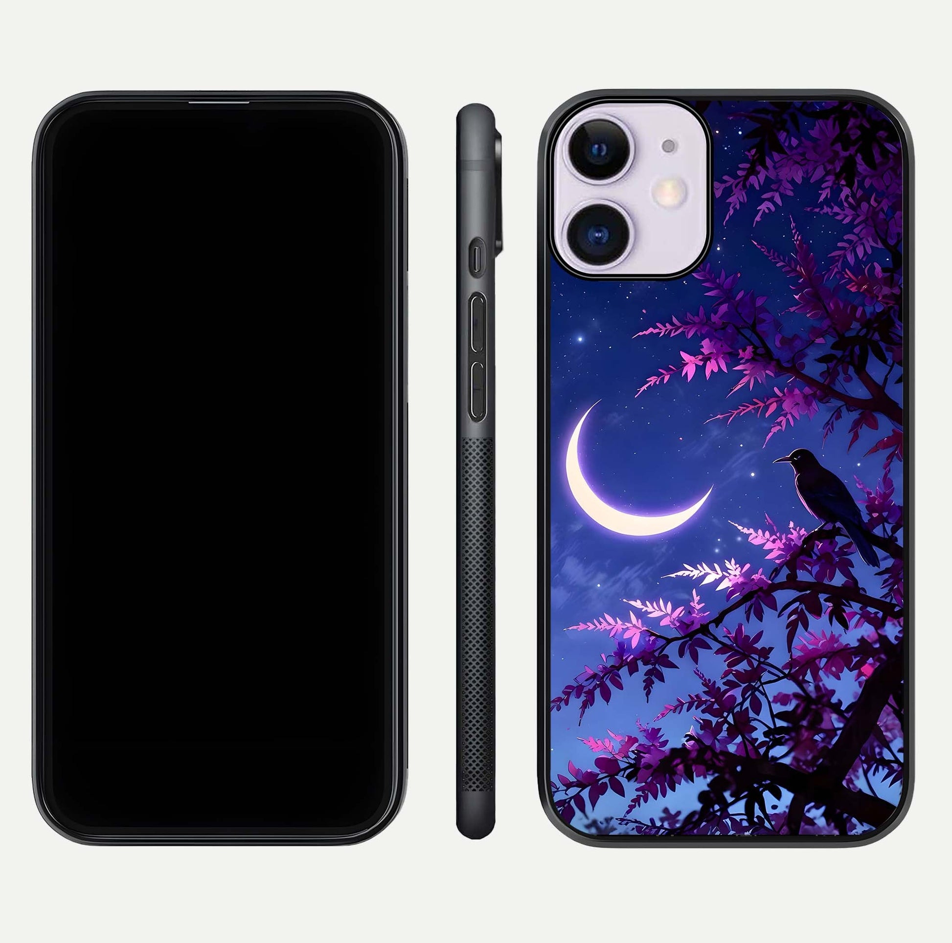 Crow & Moon Scenery Glass Case for iPhone 11 dual-view layout displaying night sky art and curved glass edges