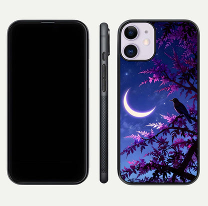 Crow & Moon Scenery Glass Case for iPhone 11 dual-view layout displaying night sky art and curved glass edges