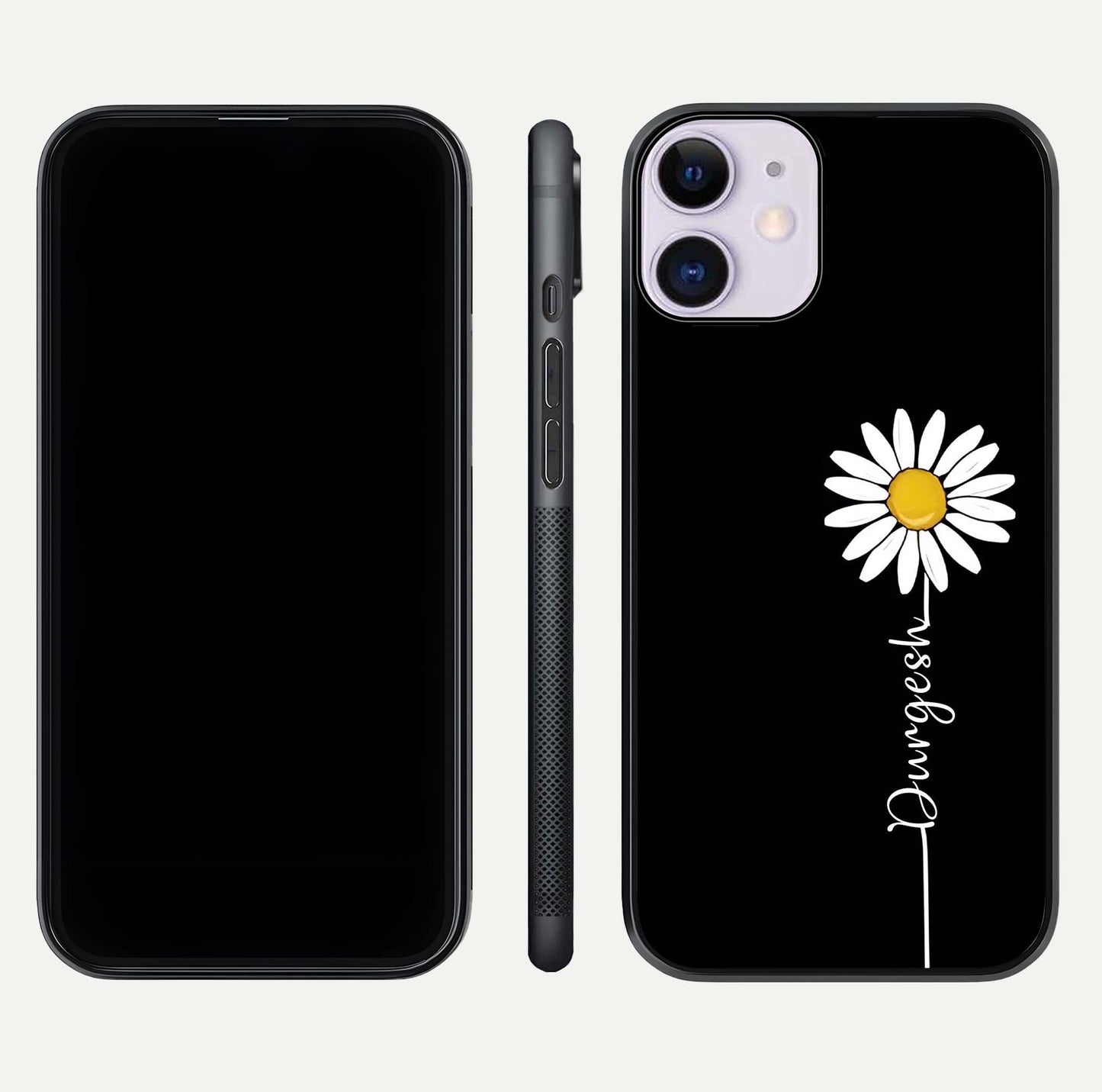 Custom Name White Flower Glass Case for iPhone 11 dual-view layout showing elegant floral tone and curved edge finish