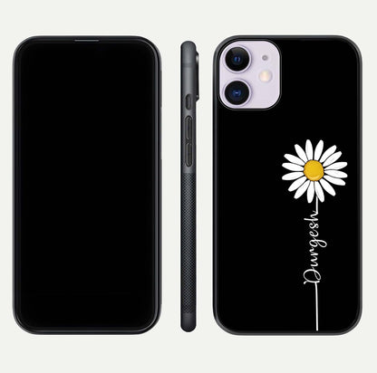Custom Name White Flower Glass Case for iPhone 11 dual-view layout showing elegant floral tone and curved edge finish
