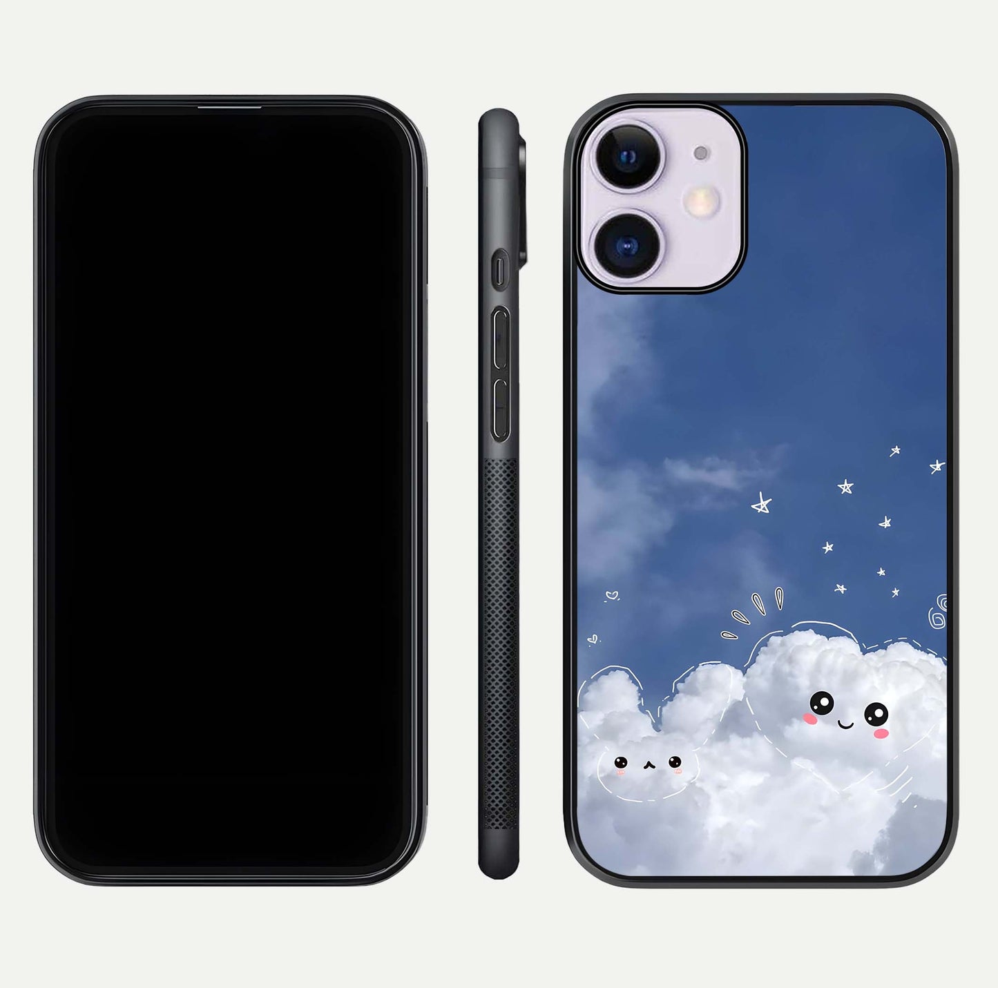 Cute Blossom Cloud Glass Case for iPhone 11 dual-view layout displaying cute floral clouds and polished edge