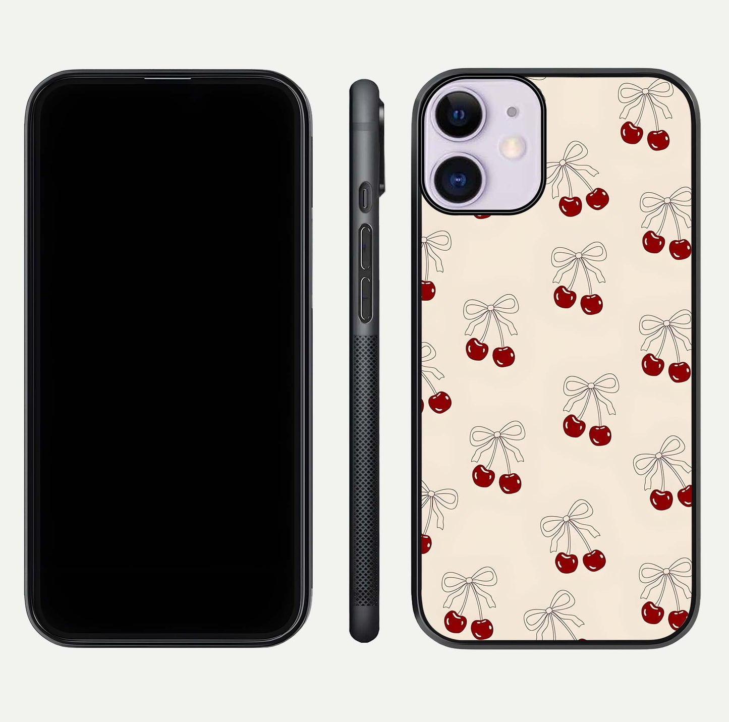 Cute Cherry Pattern Glass Case for iPhone 11 dual-view layout displaying aesthetic fruit print and smooth edges