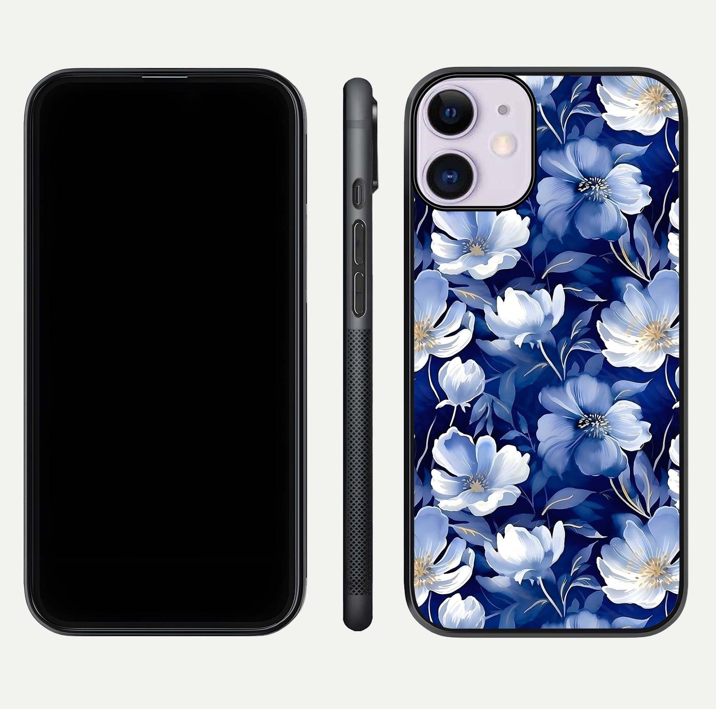 Cute Floral Patterns Glass Case for iPhone 11 dual-view layout displaying HD floral print and curved edges