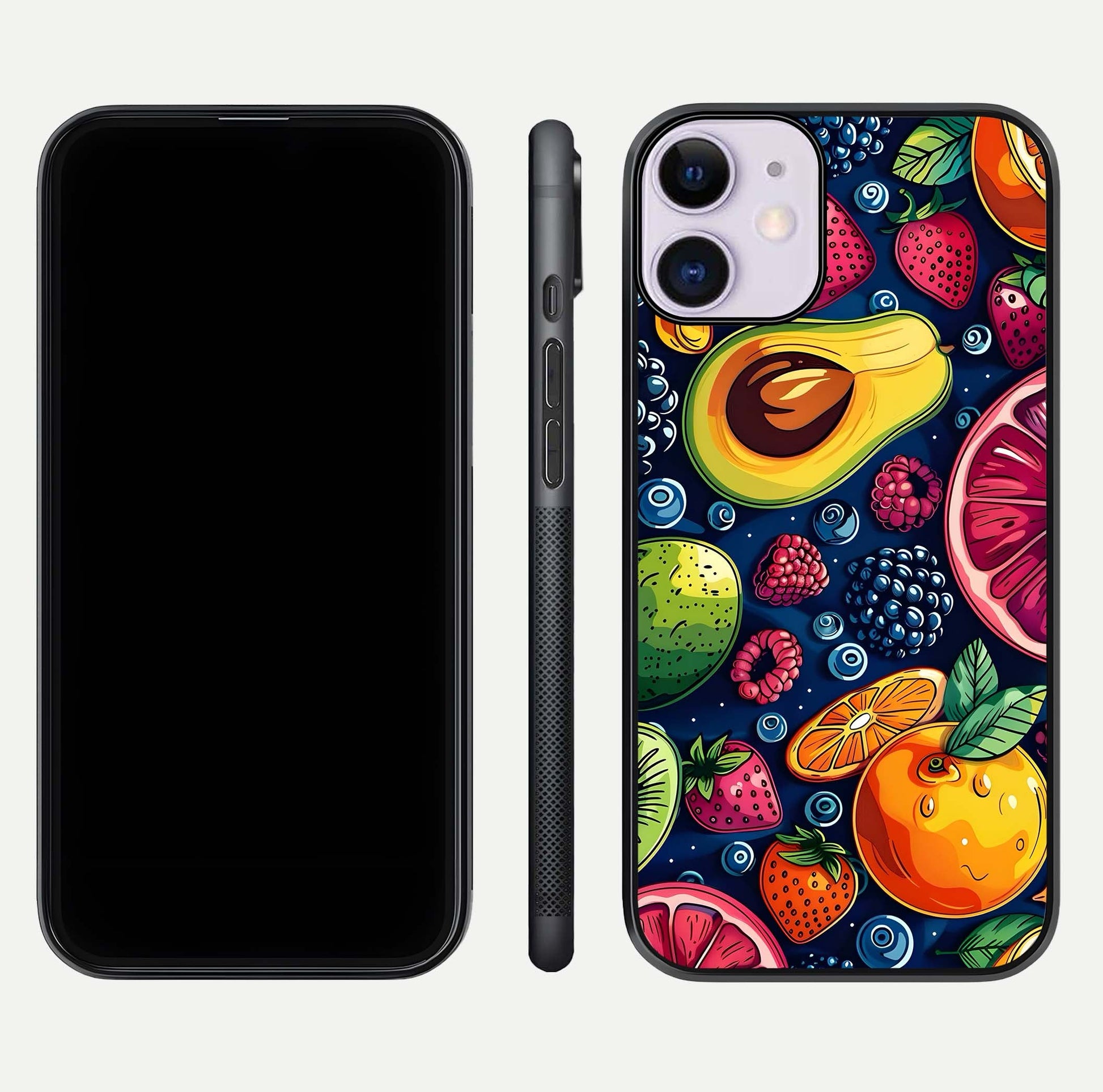 Cute Fruits Art Glass Case for iPhone 11 dual-view layout displaying playful tones and curved design