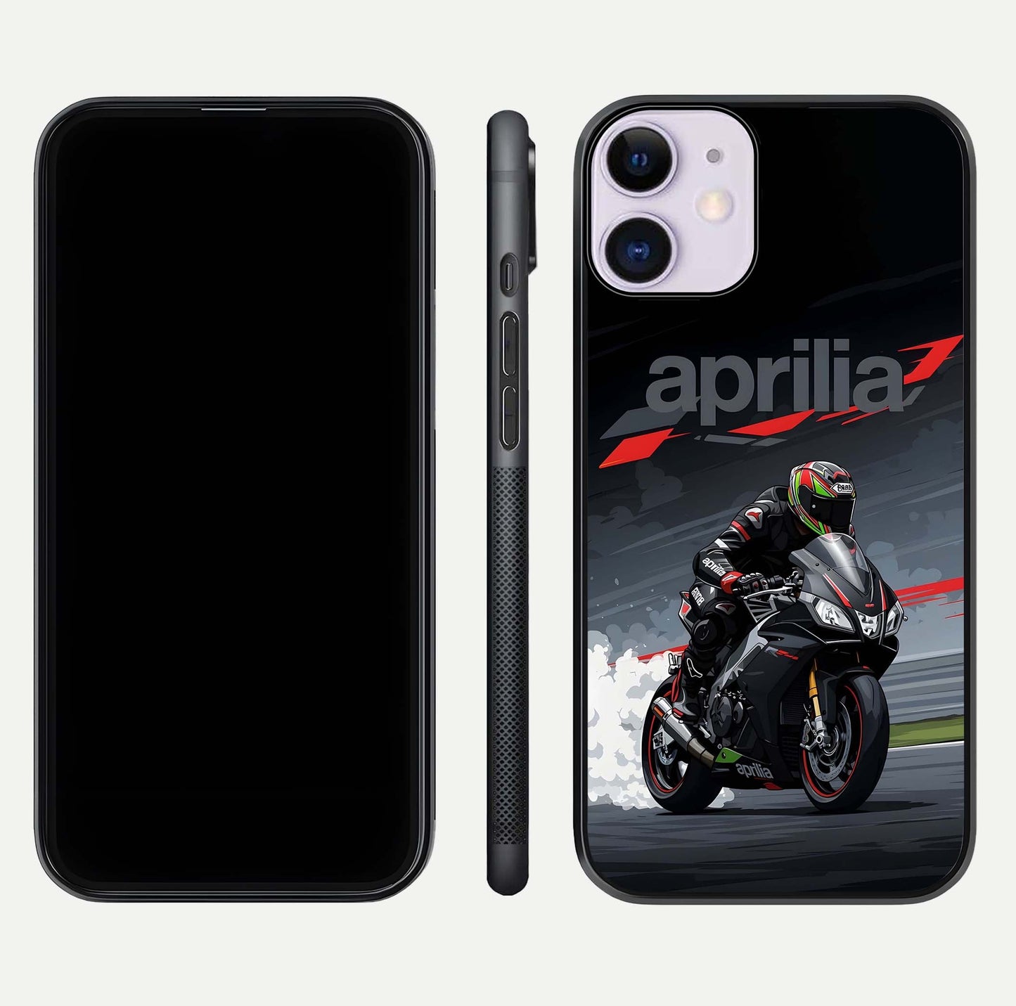 Dark Aprilla Glass Case for iPhone 11 dual-view layout displaying sleek racing look and HD shine