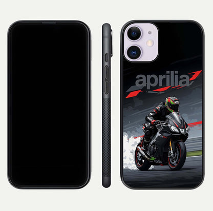 Dark Aprilla Glass Case for iPhone 11 dual-view layout displaying sleek racing look and HD shine