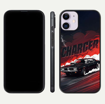 Dark Charger Fury Glass Case for iPhone 11 dual-view layout displaying HD design and polished edges