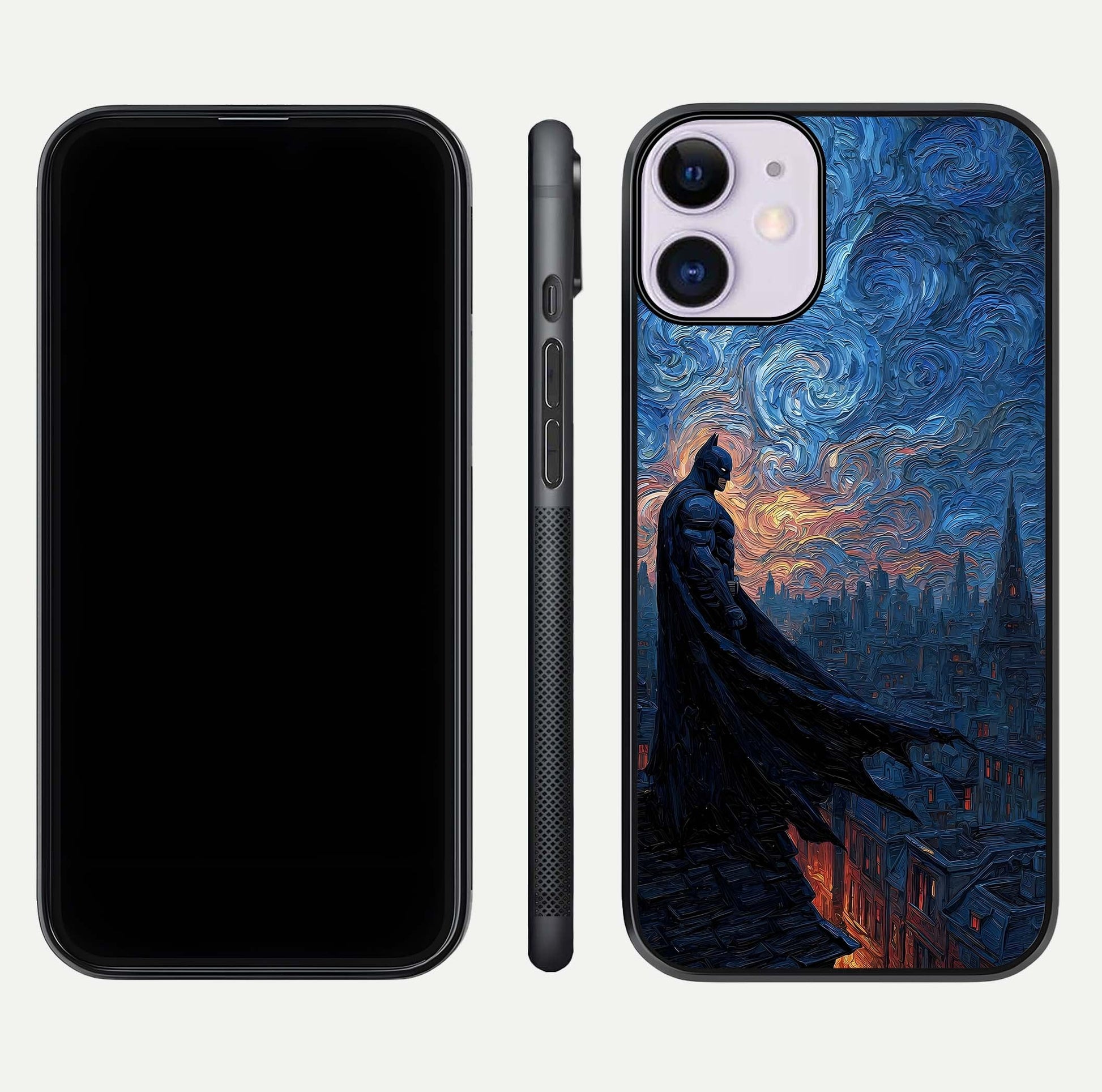 Dark Knight Dusk Glass Case for iPhone 11 dual-view layout displaying HD hero print and curved glass edges