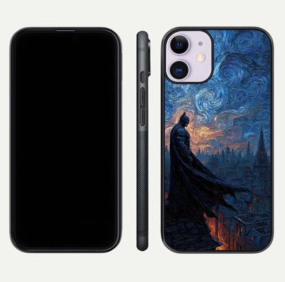 Dark Knight Dusk Glass Case for iPhone 11 dual-view layout displaying HD hero print and curved glass edges