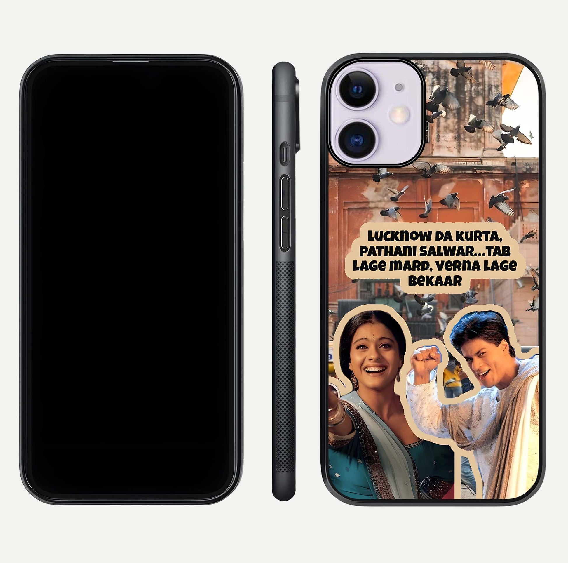 Desi Retro Vibes Glass Case for iPhone 11 dual-view layout showing nostalgic design and smooth glass curve