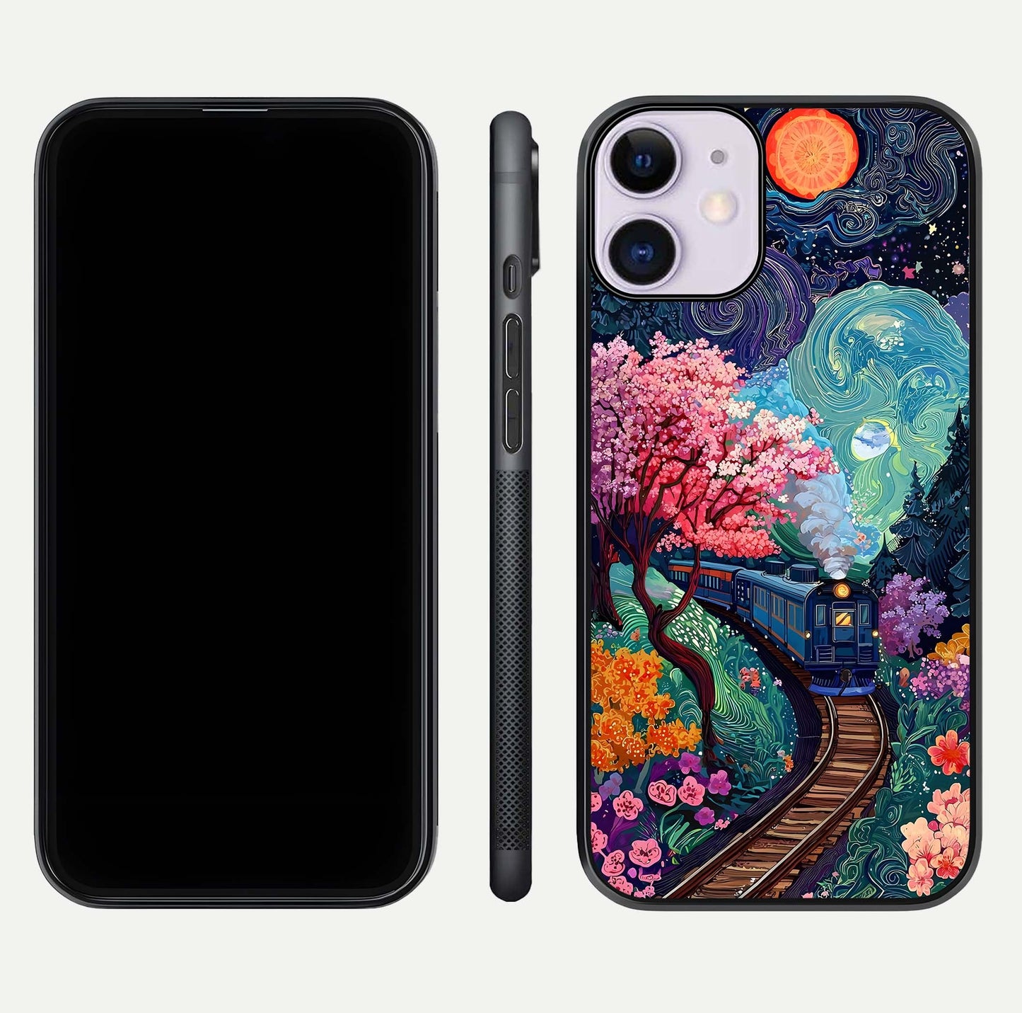Digital Art Glass Case for iPhone 11 dual-view layout displaying artistic tones and curved glass edge