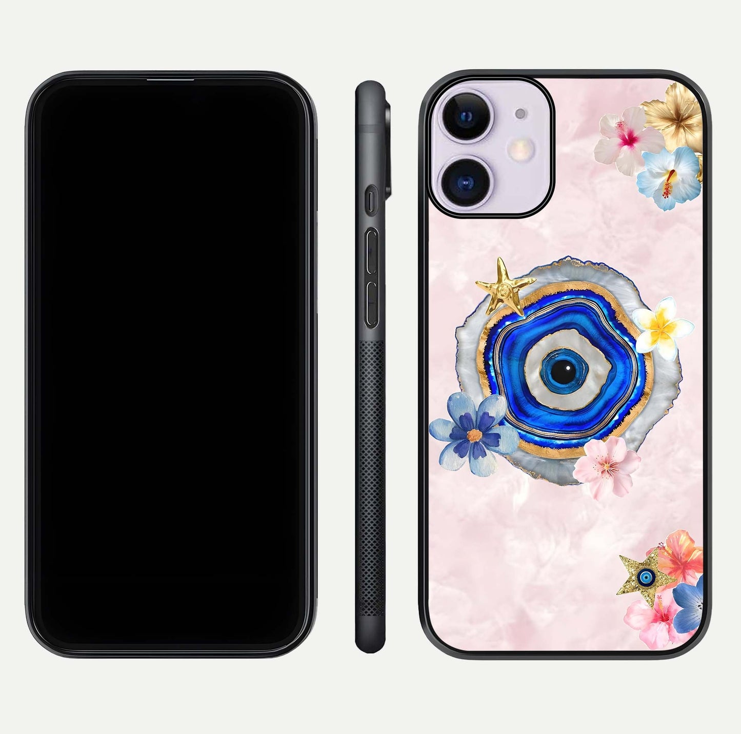 Divine Aura Bloom Glass Case for iPhone 11 dual-view layout displaying divine color tones and smooth edges