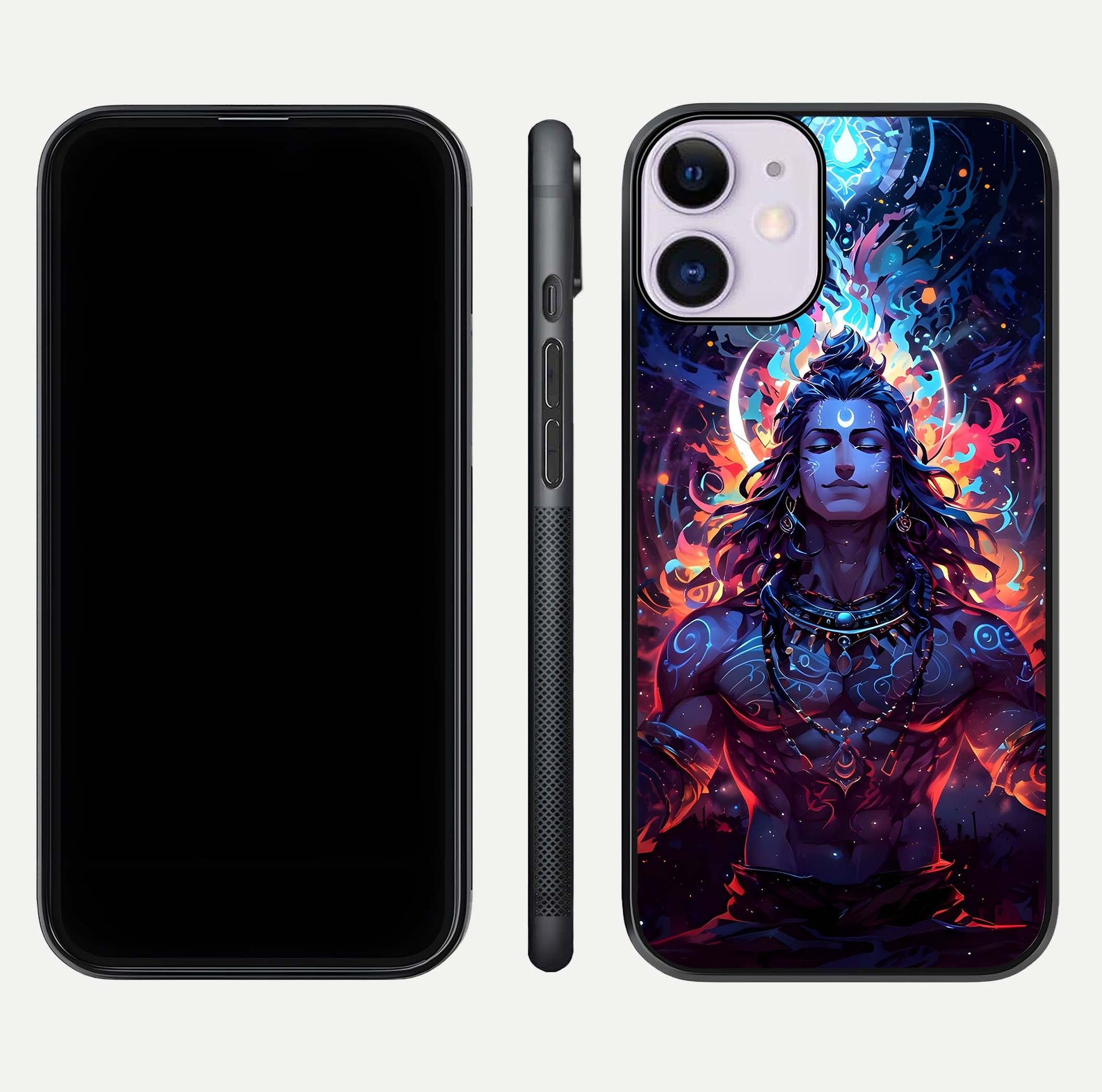 Divine Fire Shiv Glass Case for iPhone 11 dual-view layout displaying HD deity print and curved edges