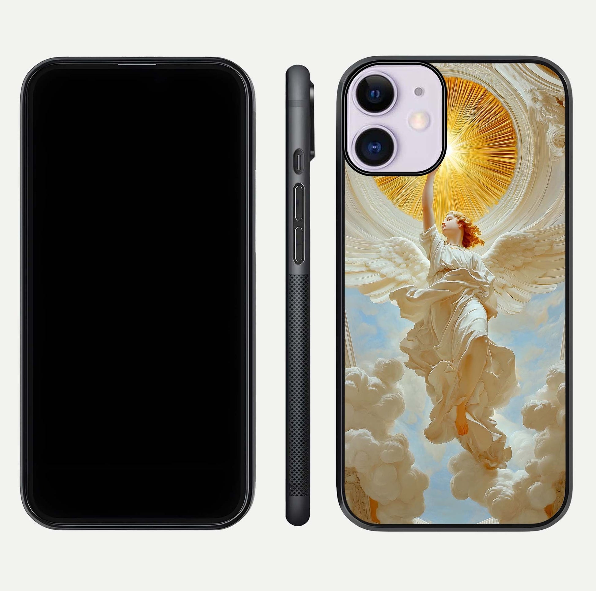 Divine Light Angel Glass Case for iPhone 11 dual-view layout displaying celestial tones and smooth curves