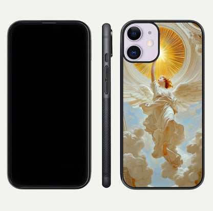 Divine Light Angel Glass Case for iPhone 11 dual-view layout displaying celestial tones and smooth curves