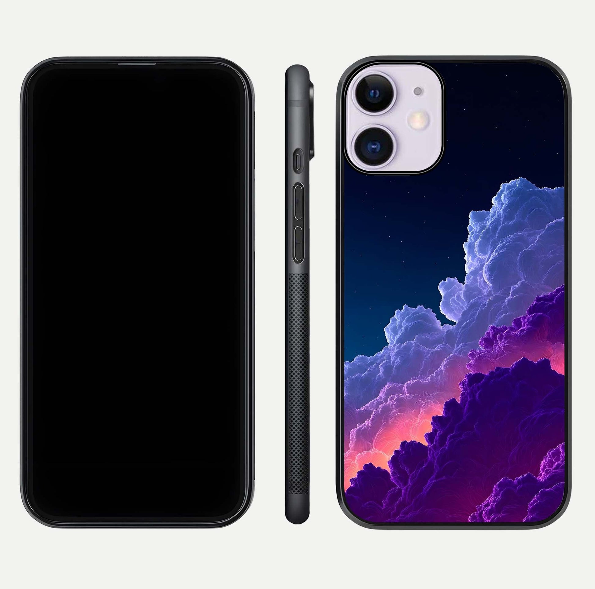 Dreamy Cloud Skies Glass Case for iPhone 11 dual-view layout displaying calm sky art and smooth curve