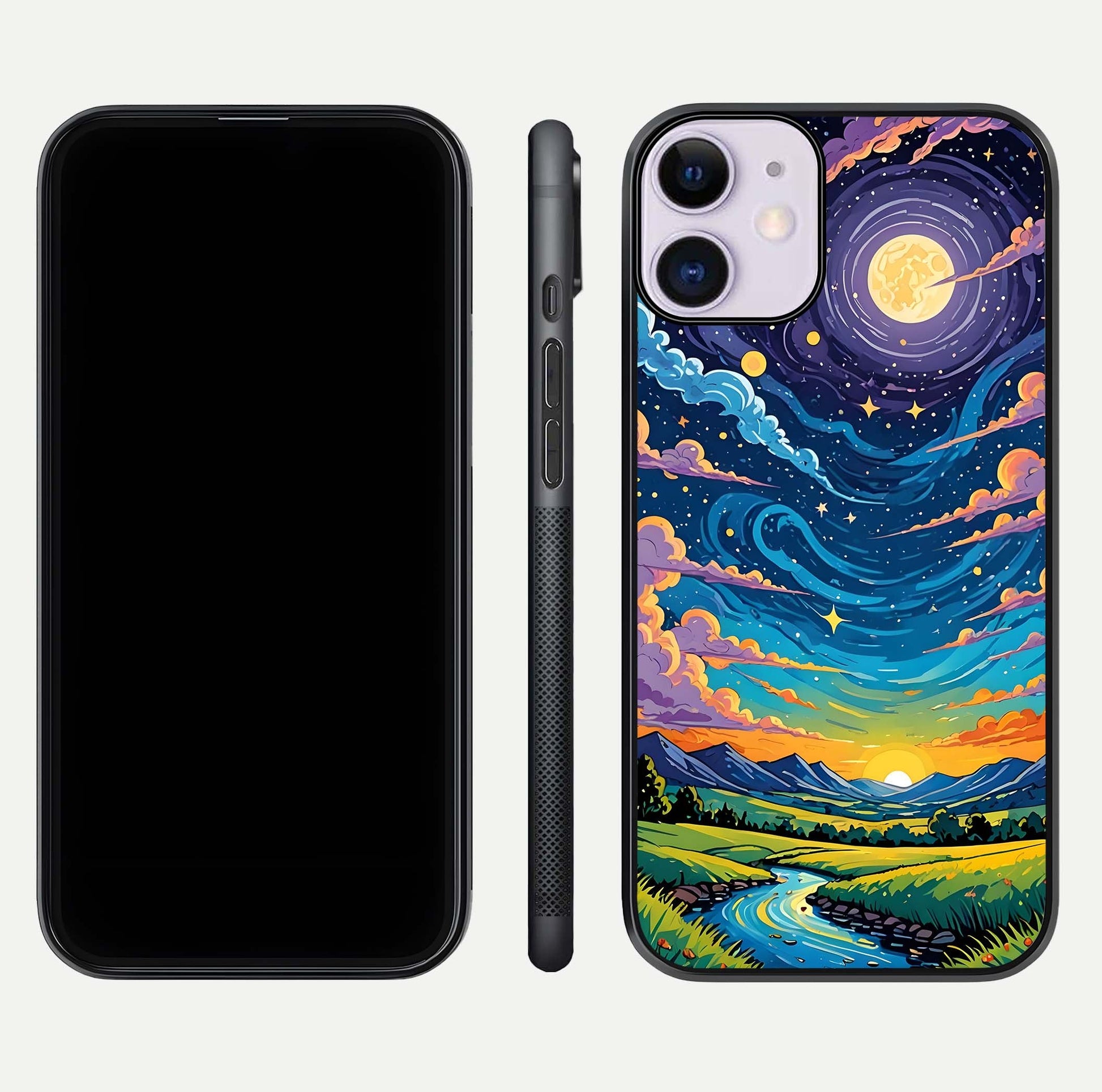 Dreamy Night Landscape Glass Case for iPhone 11 dual-view layout displaying HD print and curved glass edges