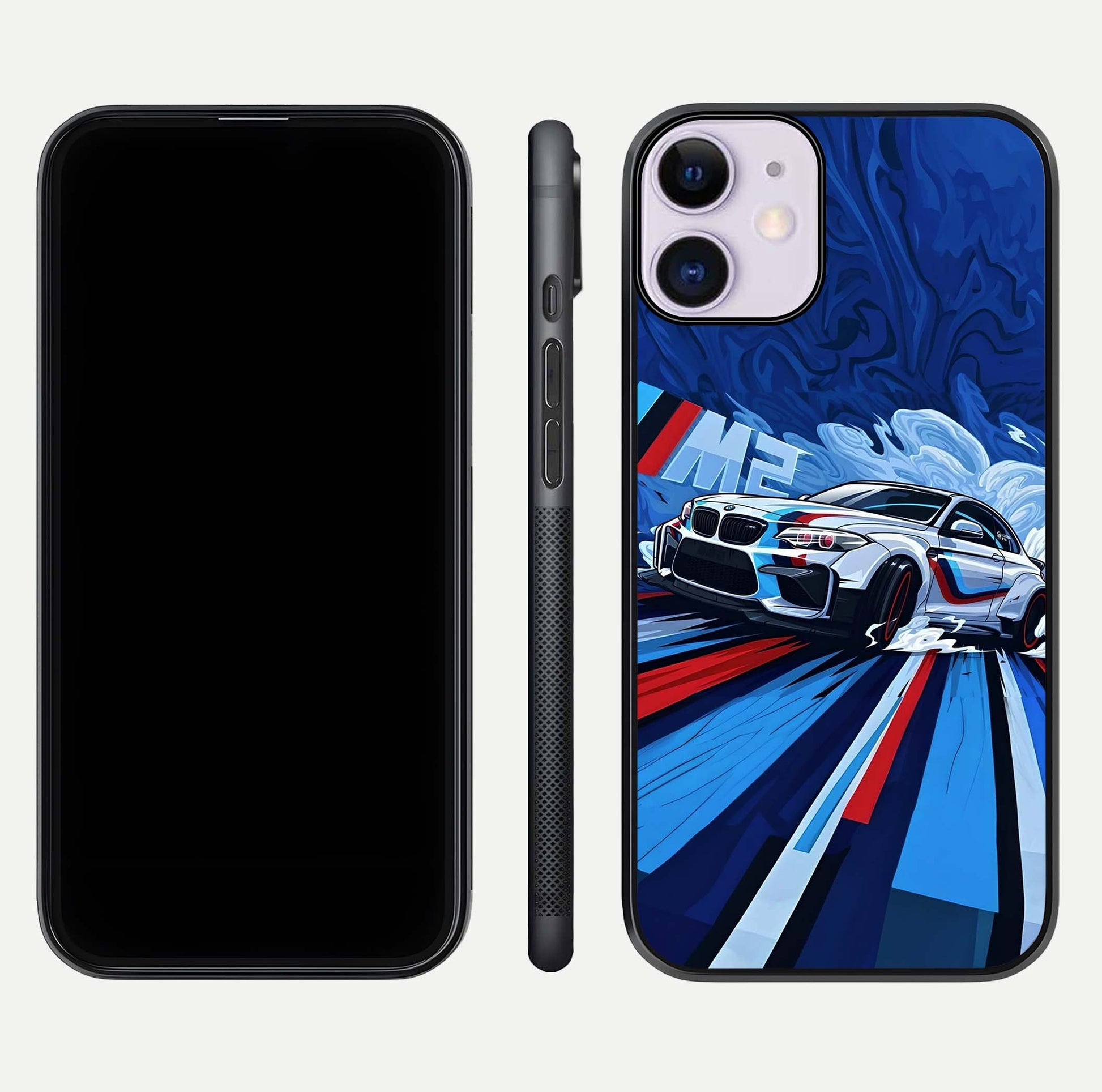 Drift Power Rush Glass Case for iPhone 11 dual-view layout displaying dynamic motion art and HD gloss