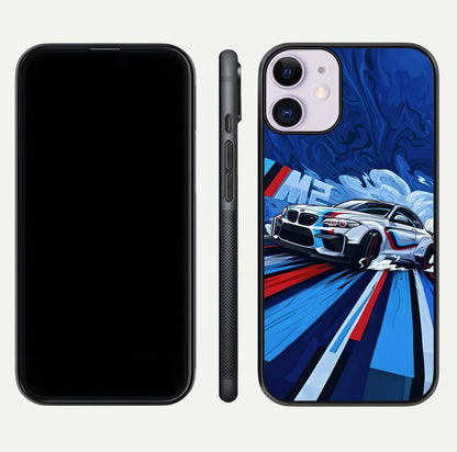 Drift Power Rush Glass Case for iPhone 11 dual-view layout displaying dynamic motion art and HD gloss