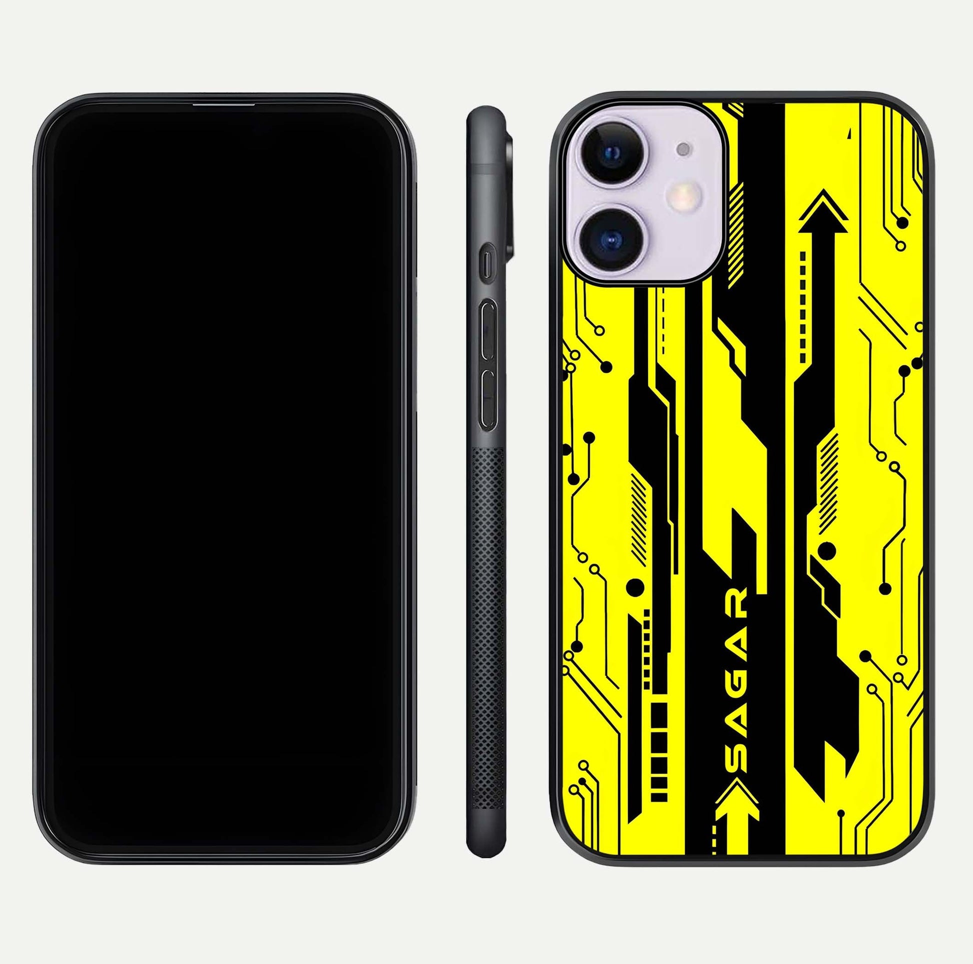Electric Pulse CYBERPUNK Custom Name Glass Case for iPhone 11 dual-view layout displaying futuristic hues and curved glass edges