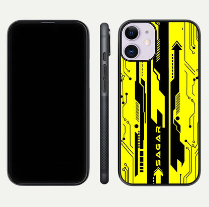 Electric Pulse CYBERPUNK Custom Name Glass Case for iPhone 11 dual-view layout displaying futuristic hues and curved glass edges