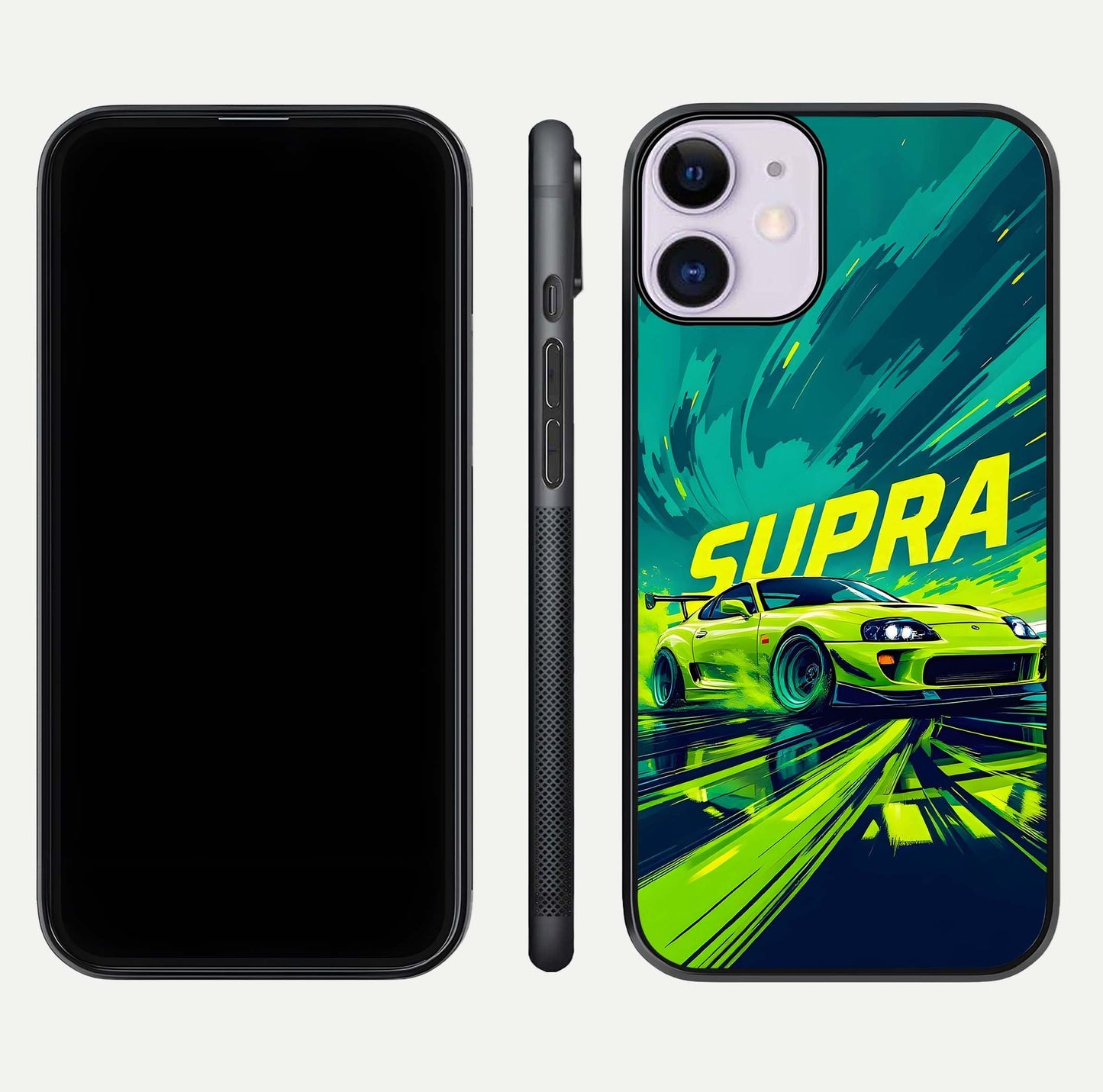 Electric Supra Thunder Glass Case for iPhone 11 dual-view layout displaying dynamic motion art and curved finish