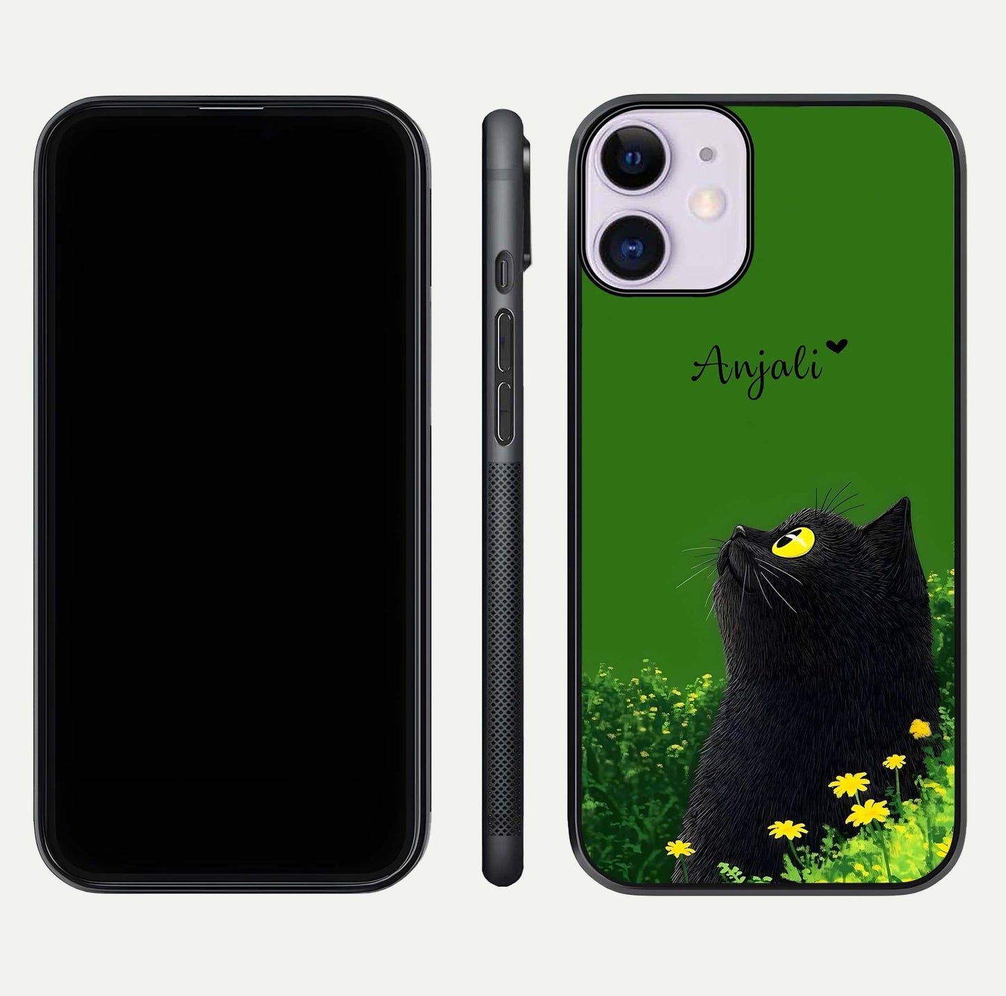 Emerald Cat Custom Name Glass Case for iPhone 11 dual-view layout displaying artistic tones and smooth curves