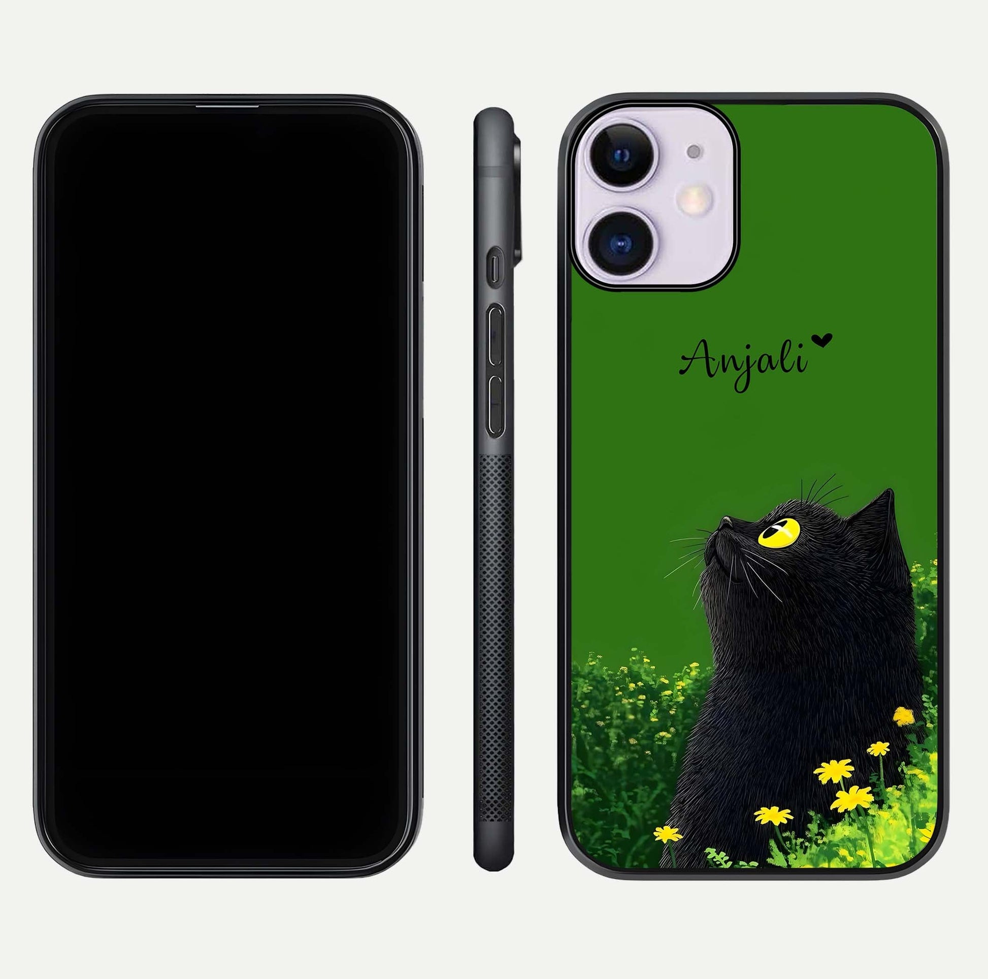 Emerald Cat Custom Name Glass Case for iPhone 11 dual-view layout displaying artistic tones and smooth curves