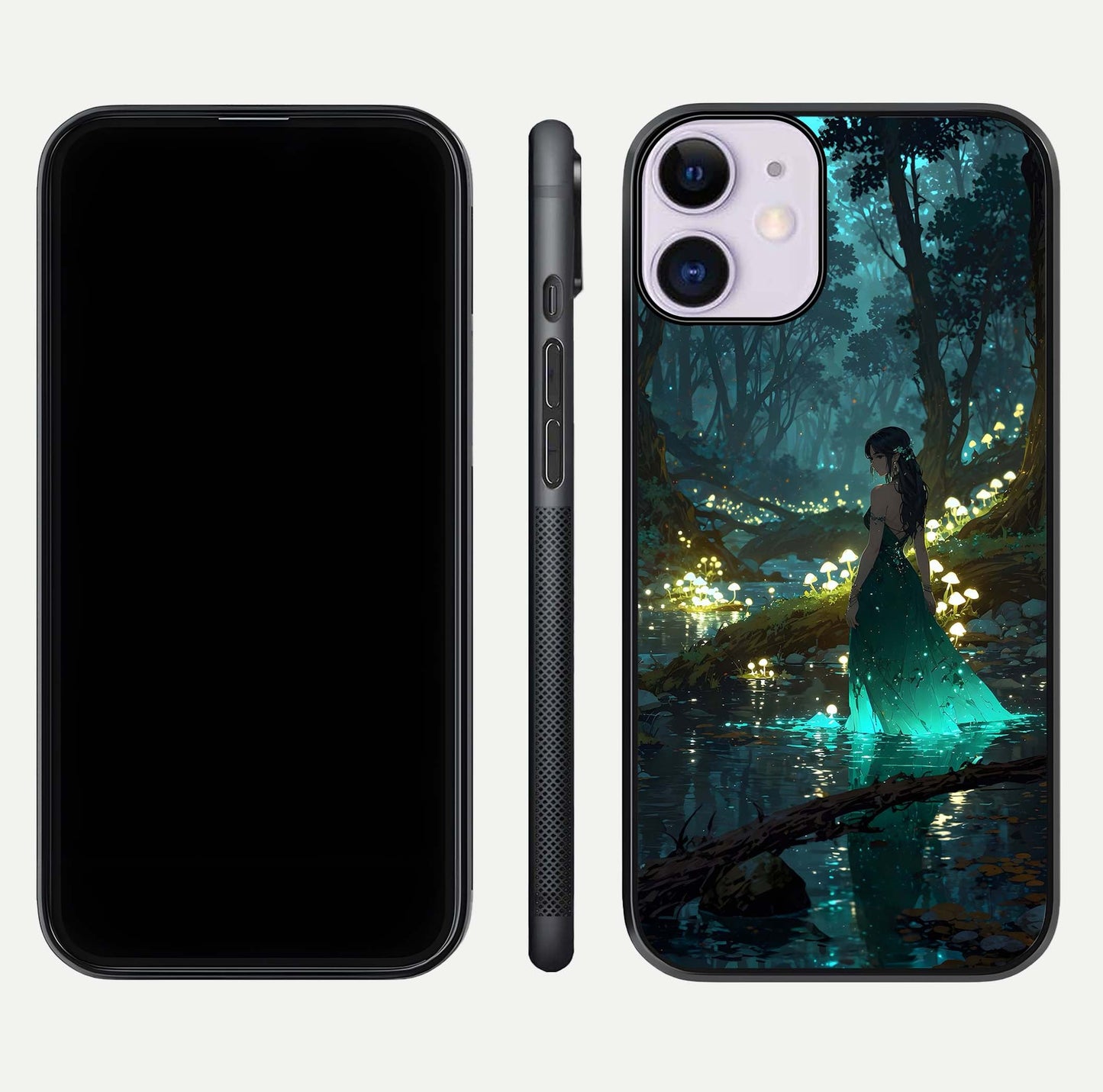 Enchanted Forest Glow Glass Case for iPhone 11 dual-view layout displaying green tones and smooth glass