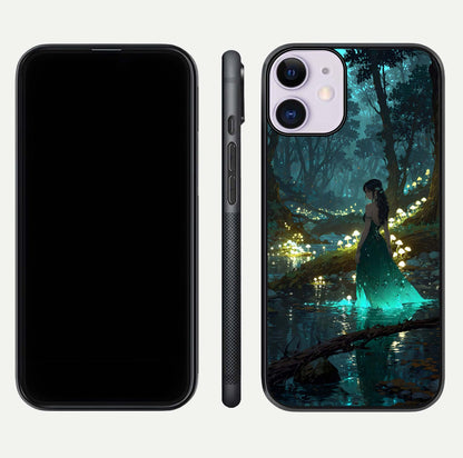 Enchanted Forest Glow Glass Case for iPhone 11 dual-view layout displaying green tones and smooth glass