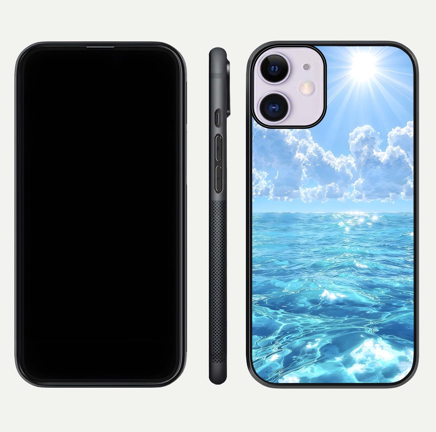 Endless Ocean Horizon Glass Case for iPhone 11 dual-view layout displaying calm seascape and curved edges