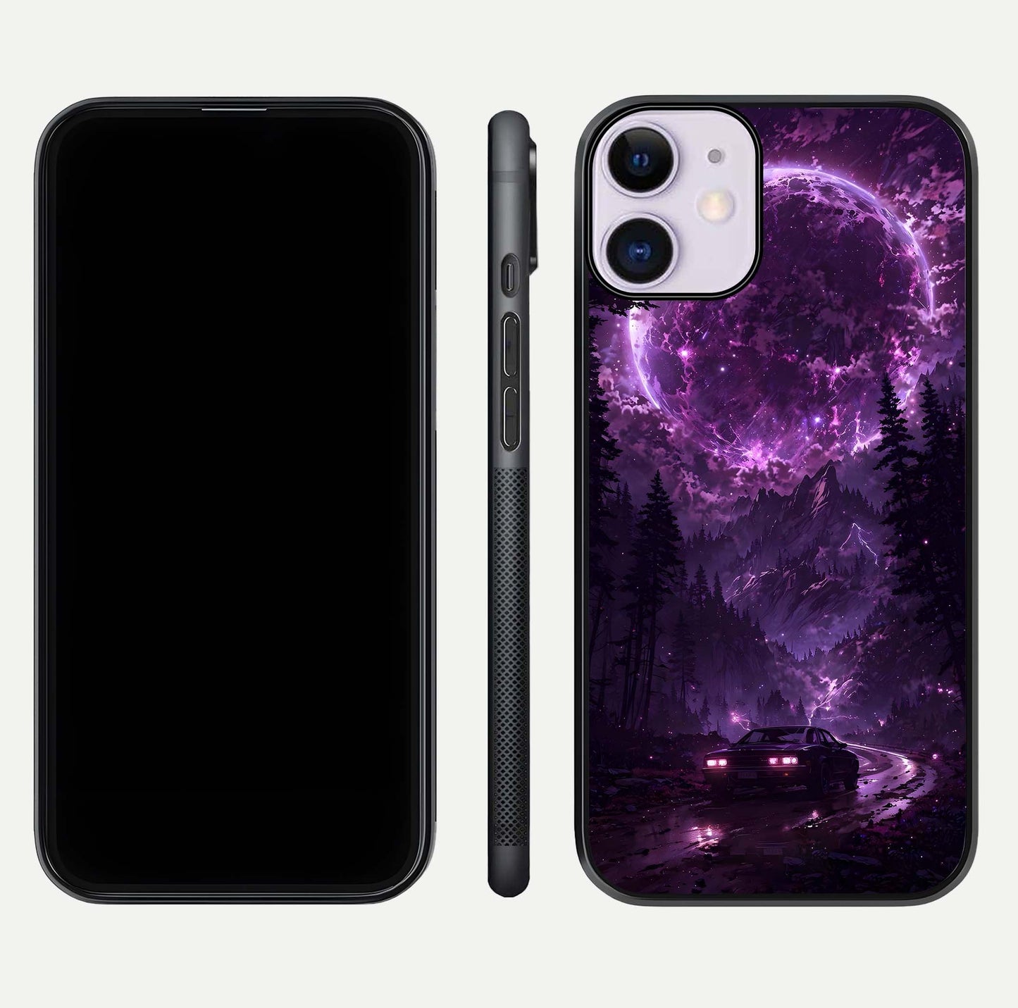 Eternal Cosmic Drive Glass Case for iPhone 11 dual-view layout displaying outer-space tones and curved finish