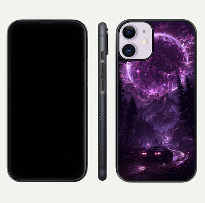 Eternal Cosmic Drive Glass Case for iPhone 11 dual-view layout displaying outer-space tones and curved finish