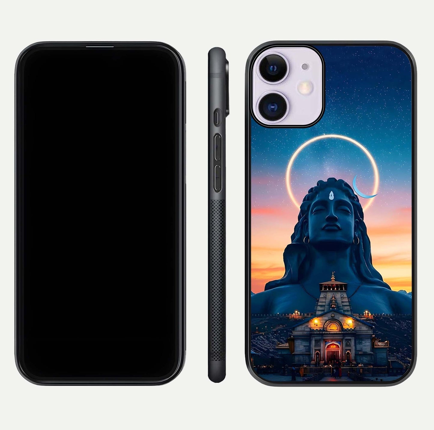 Eternal Shiva Aura Glass Case for iPhone 11 dual-view layout displaying HD deity print and smooth edge