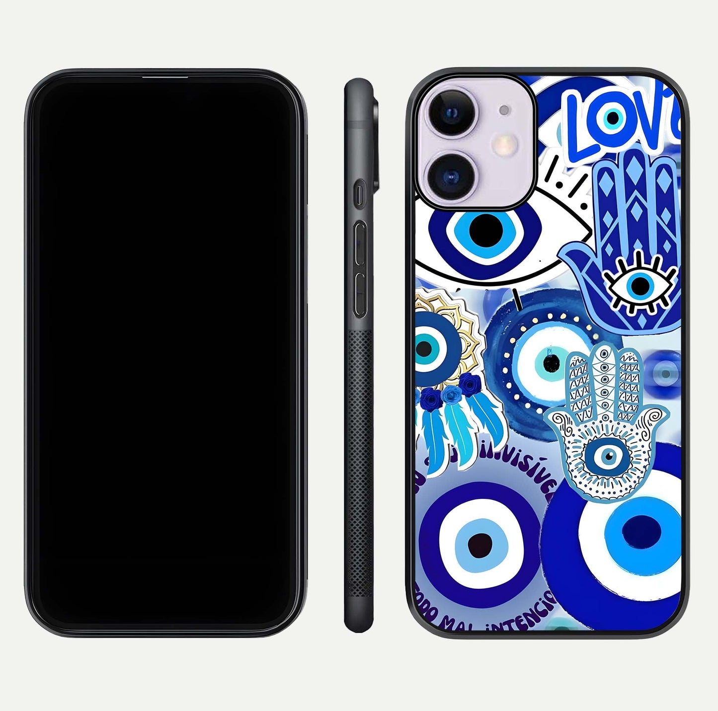Evil Eyes Dream Glass Case for iPhone 11 dual-view layout displaying spiritual motif and polished curved edge