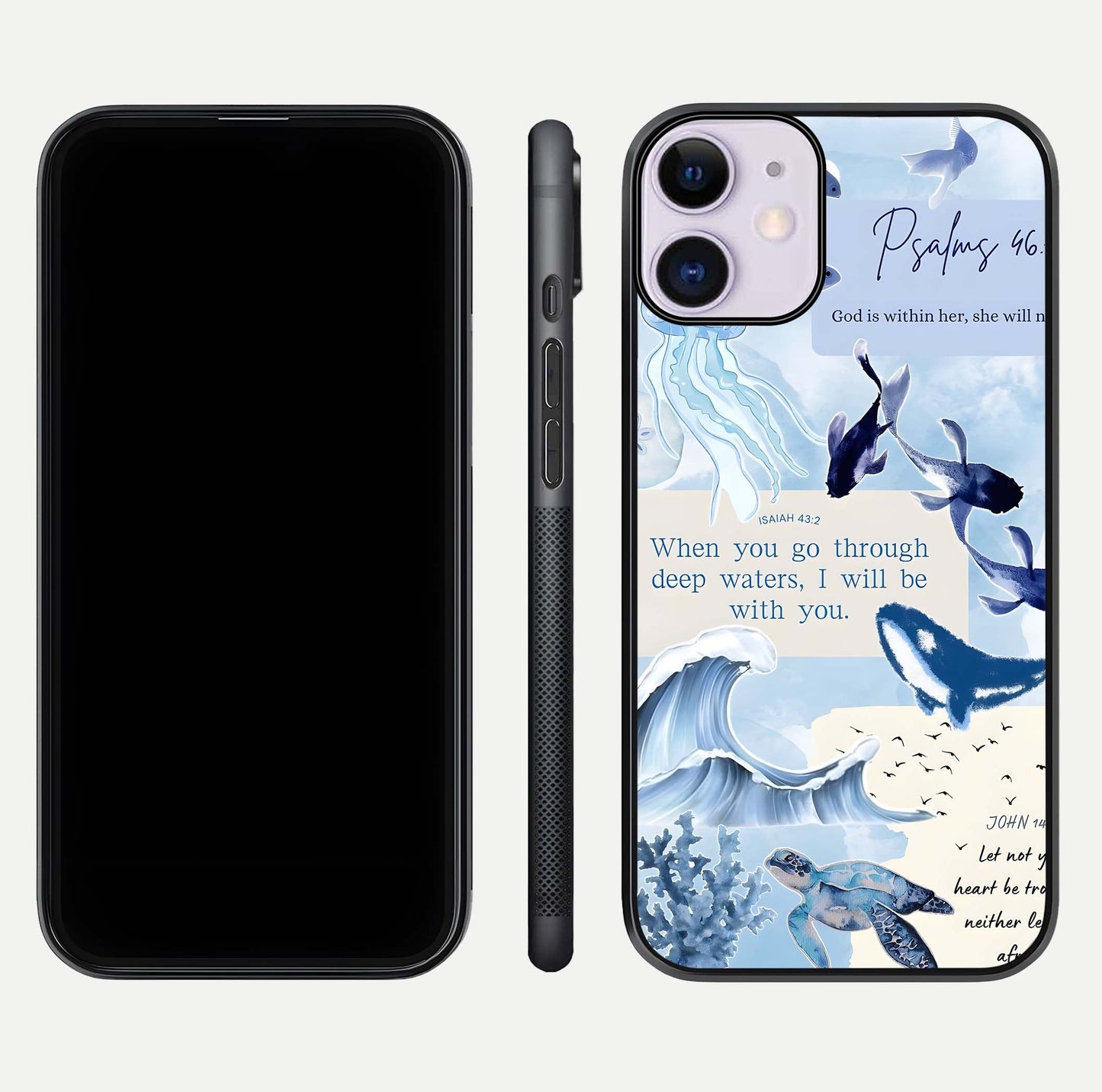 Faithful Ocean Promise Glass Case for iPhone 11 dual-view layout showing sea horizon art and curved polish