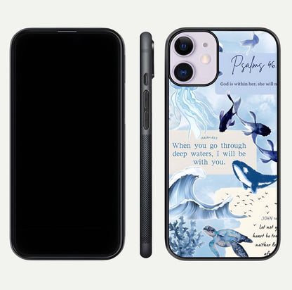 Faithful Ocean Promise Glass Case for iPhone 11 dual-view layout showing sea horizon art and curved polish