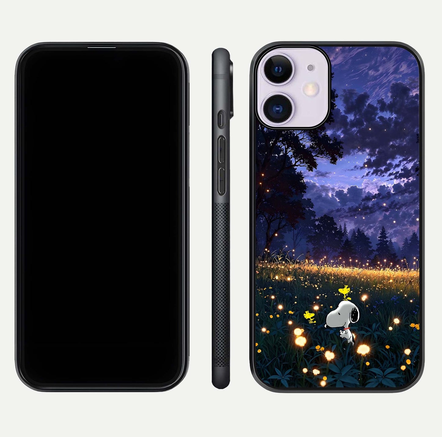 Firefly Meadow Magic Glass Case for iPhone 11 dual-view layout displaying enchanting tones and curved edges