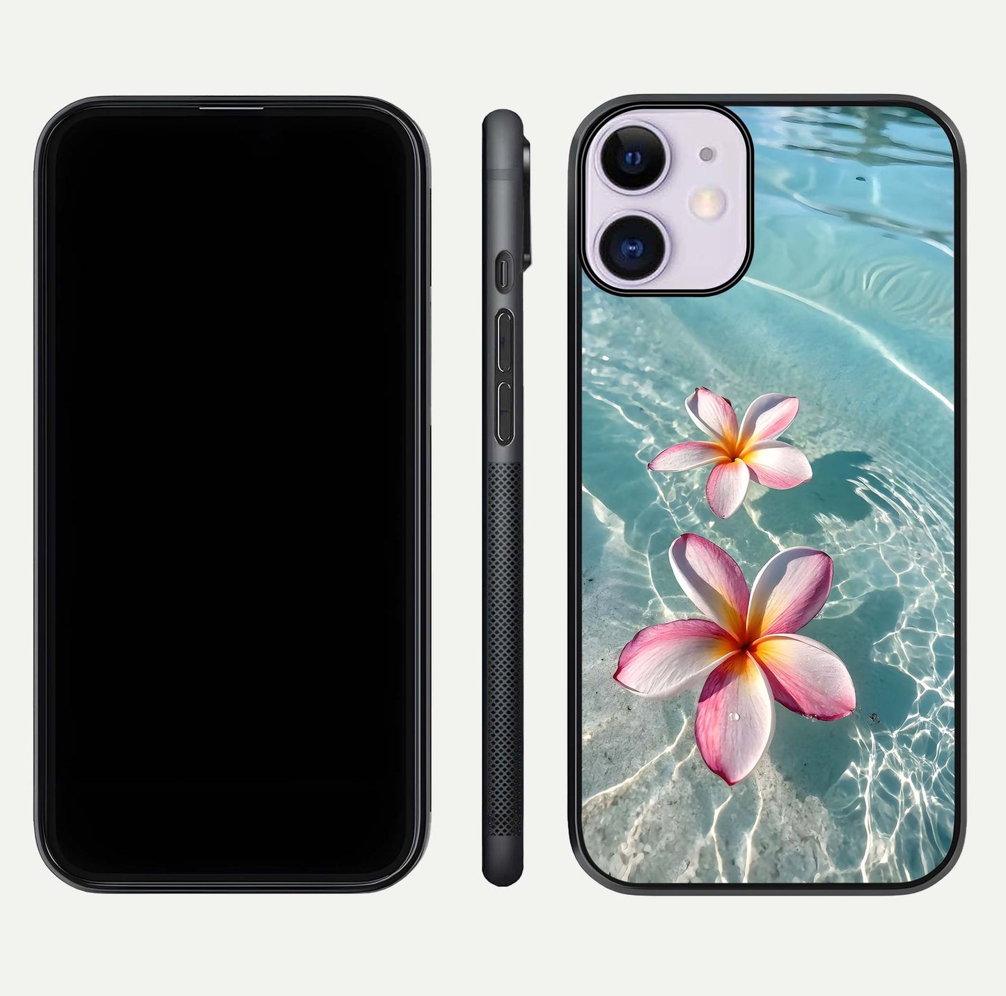Floating Bloom Bliss Glass Case for iPhone 11 dual-view layout displaying soft pastel flowers and curved glass