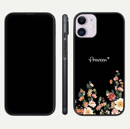 Floral Design Personalized Custom Name Glass Case for iPhone 11 dual-view layout displaying artistic tones and curved finish