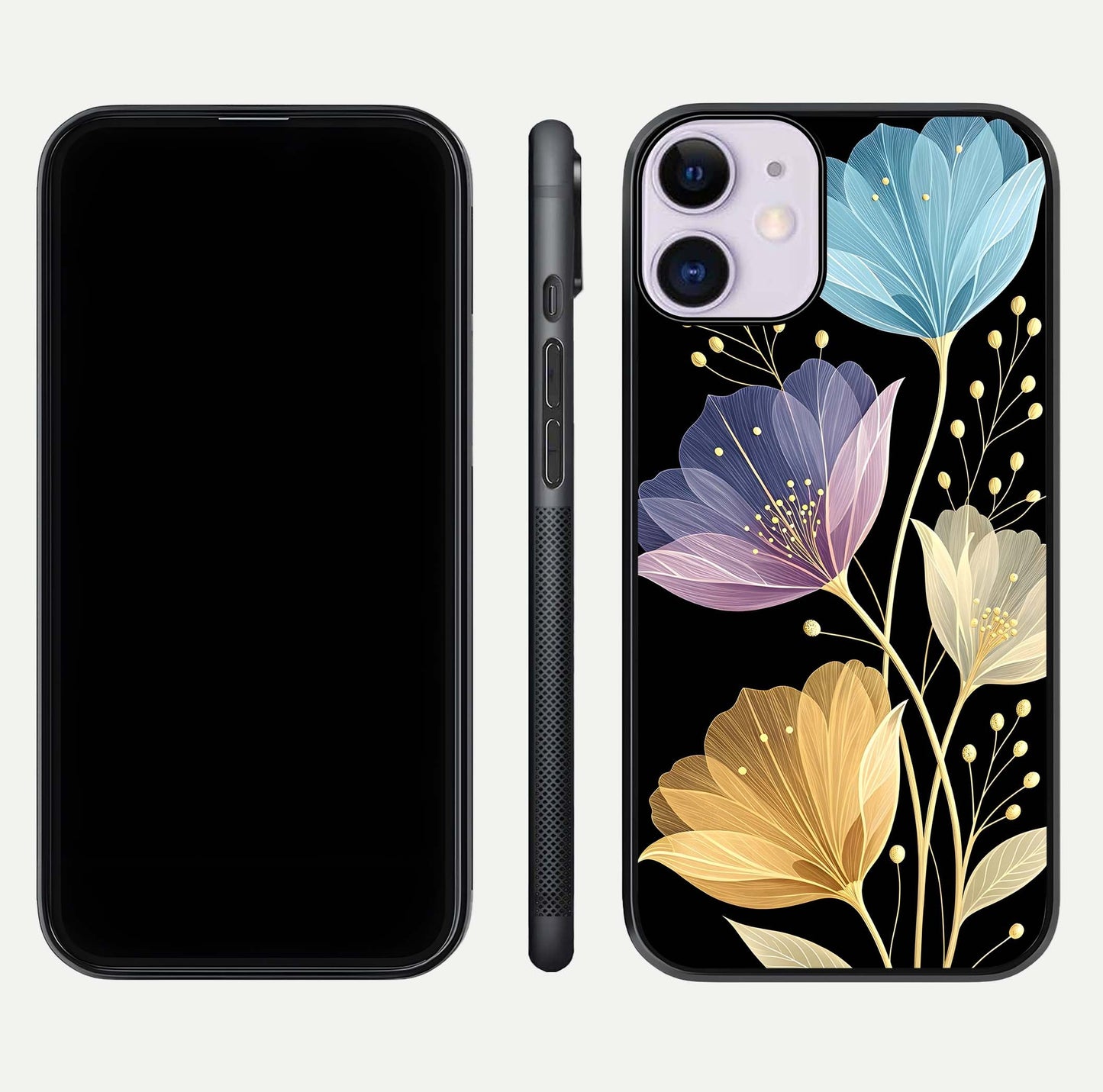 Flower Bloom Glow Glass Case for iPhone 11 dual-view layout displaying petal tones and curved glass edge